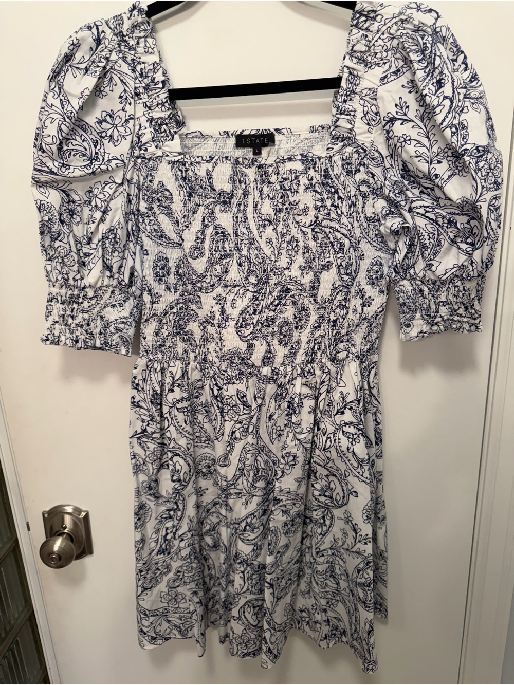 STATE White Dress with Navy Paisley Smocked Bodice